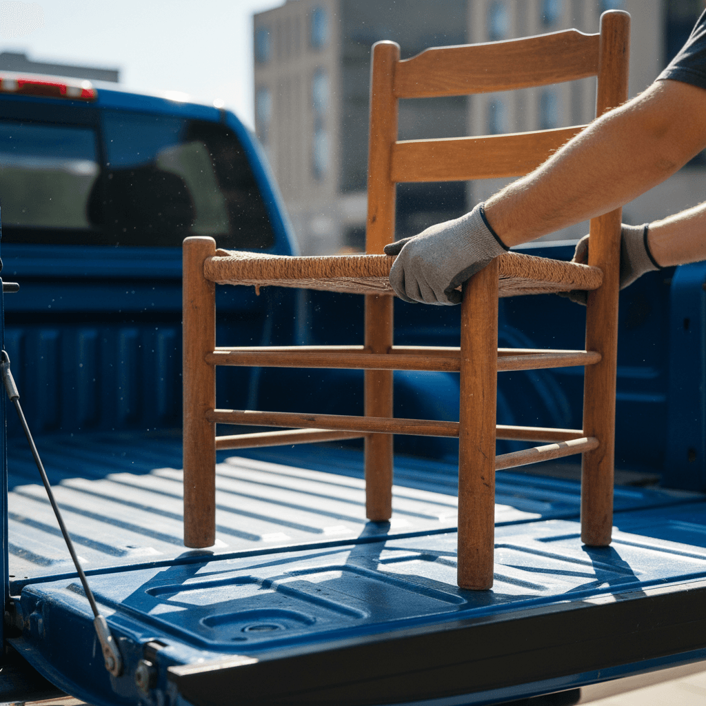Worker loading a wooden chair into a clean truck bed
