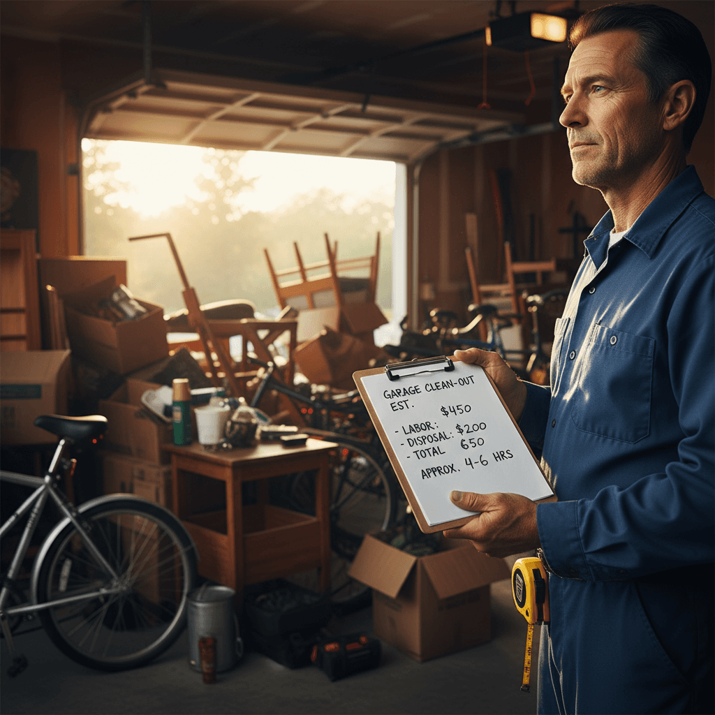 Worker holding a clipboard with a free estimate in front of a cluttered garage