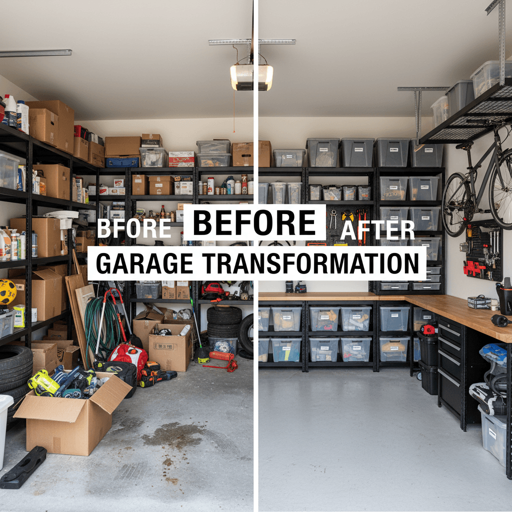 Garage cleared of debris and storage organized